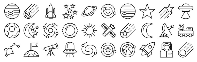 Set of 30 space thin line icons including jupiter, spaceship, spiral galaxy, stars, falling star, antenna, moon, planets, satellite, rocket vector illustration © Elvin