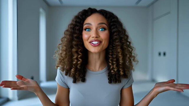 Woman With Curly Hair Expresses Surprise and Joy With Bright Blue Eyes and Hand Gesture