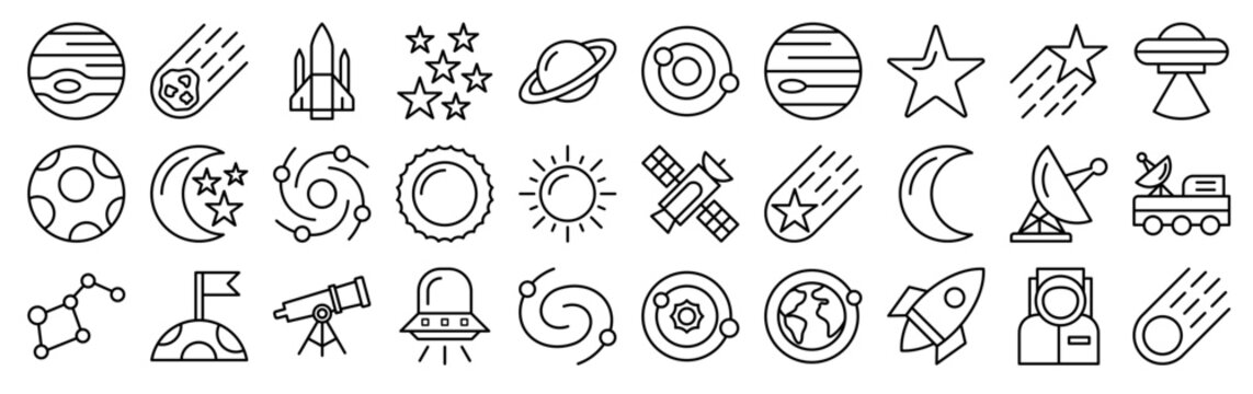 Set of 30 space thin line icons including jupiter, spaceship, spiral galaxy, stars, falling star, antenna, moon, planets, satellite, rocket vector illustration