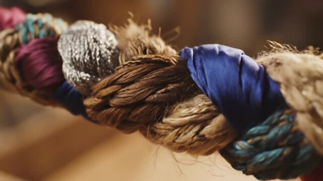 Tangled, colorful textile threads twisted together in a rope-like formation, showcasing a vibrant, abstract, artistic expression of fibers, materials, and textures in a close-up, macro, stud