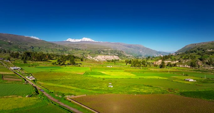 Verdant green patchwork agricultural landscape of Colca Canyon, Chivay. Aerial