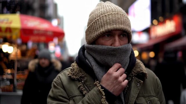 : This compelling street photograph captures a candid portrait of a man standing in the midst of a busy, crowded city street.