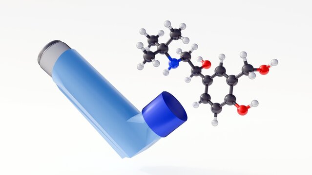 3D rendering of a blue asthma inhaler with salbutamol molecules, a common bronchodilator. It illustrates the chemical science of respiratory treatment and pharmaceutical care.