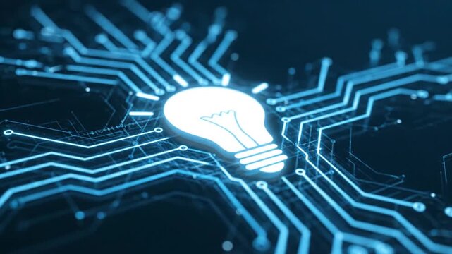 Artificial intelligence innovation hub with technology, circuitry, and innovation ideas in a futuristic digital landscape view from above, as seen in 