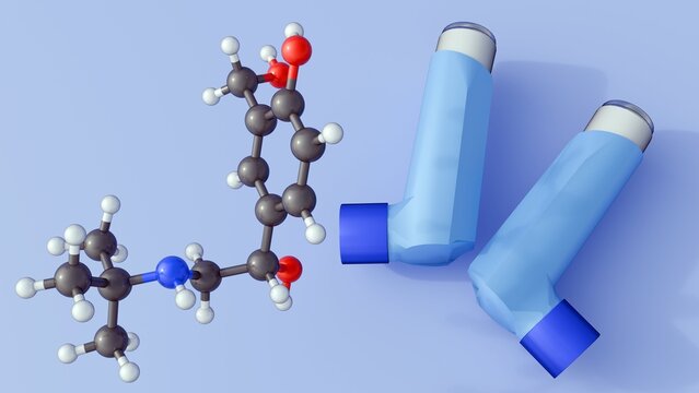 3D rendering of a blue asthma inhaler with salbutamol molecules, a common bronchodilator. It illustrates the chemical science of respiratory treatment and pharmaceutical care.