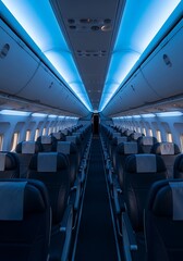 Obraz premium Interior view down the central aisle of an empty commercial aircraft cabin illuminated by cool blue lighting
