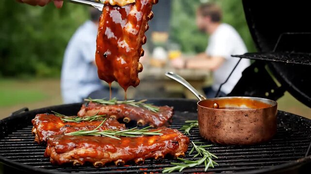 Barbecue chef applies sweet glaze to smoked pork ribs cooking on an outdoor grill.