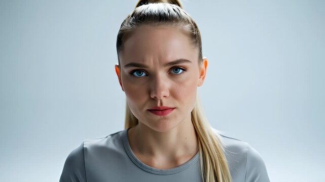 Young Woman Expressing Displeasure and Mockery With Facial Expressions, Close-Up Studio Portrait