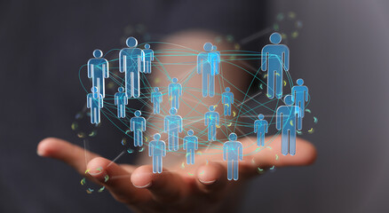 Abstract image showing network of people in the hand, representing teamwork, globalization, and...