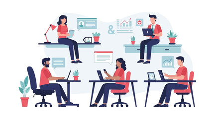 Diverse Team Working in Modern Office & Remotely, Digital Collaboration, Productivity, and Business Communication &ndash; Flat Illustration