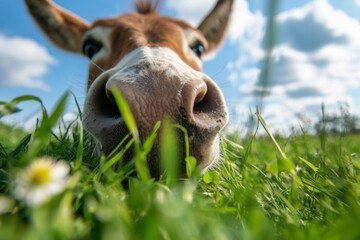 Funny donkey in a meadow looking at camera