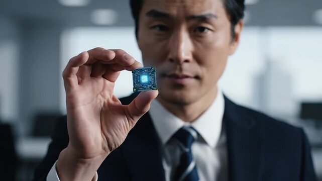 A businessman holding a microchip with artificial intelligence in a modern office environment, viewed from a close-up perspective, showcasing technology advancements, referencing 