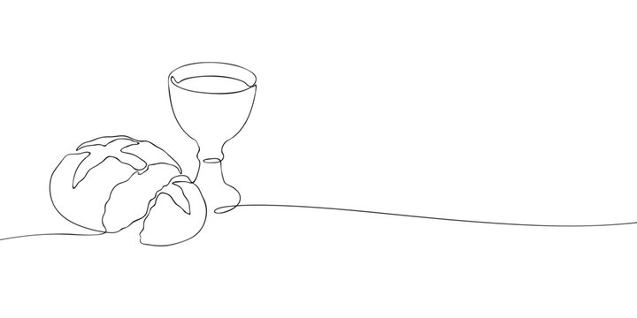 Minimal line illustration of bread and a wine chalice, symbolizing Christian communion, faith, sacrament, worship, and religious tradition.