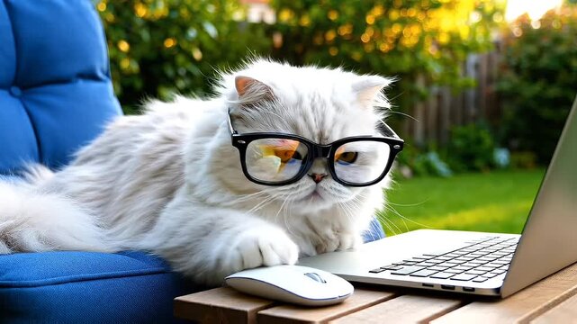 White fluffy cat in glasses works on laptop and mouse outdoors in bright garden sun.
