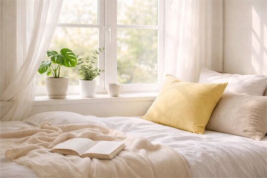 Bright and cozy bedroom interior with white bedding and morning sunlight