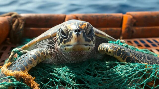 Close-up of a sea turtle's face, partially wrapped in green netting, with the ocean visible