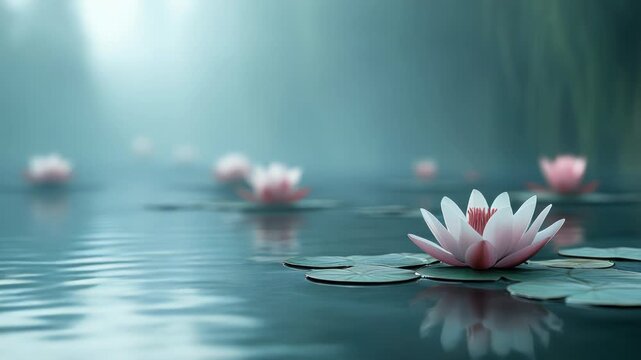 Serene pond scene features a vibrant lotus flower and lily pads floating on gentle water