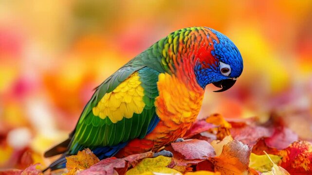 A vibrant, colorful parrot with a blue head, red breast, and yellow feathers, sitting on autumn leaves