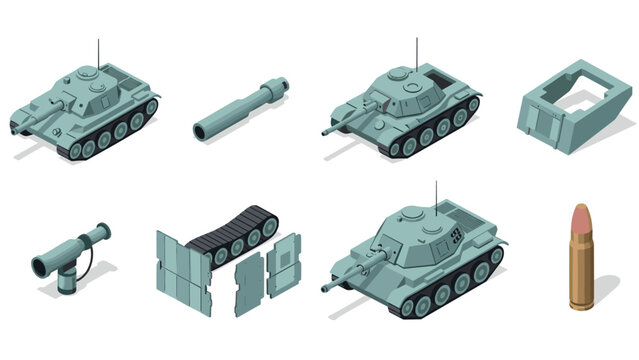 isometric military tank parts and assembly collection hand drawn illustration