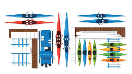 Naklejka premium top view of various colorful rowing boats kayaks and paddle boats docked on wooden piers hand drawn illustration for water sports design