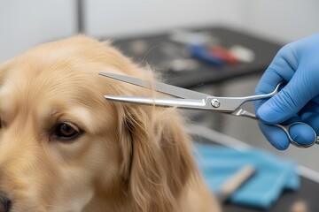 Professional Dog Grooming &ndash; Close Up of Scissors Trimming Golden Retriever Fur