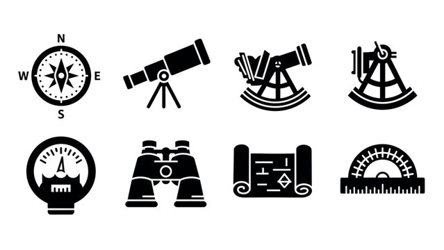 set of black silhouette navigation and astronomy instruments icons including compass telescope sextant map and binoculars in minimalist style