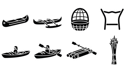 black silhouette icons set of traditional boats raft and paddlers in hand drawn style