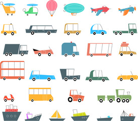 Large collection of stylized air, road and water transportation icons for child book, kids decoration, game, travel and logistics projects. Minimalist flat vector illustration in retro mid century mod