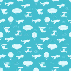 Air transport seamless pattern with airplanes helicopters and balloons for nursery decoration. Minimalist flat vector illustration in retro mid century modern style for aviation themed designs, kids b © cgterminal