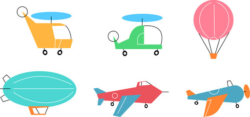 Set of colorful air transport icons featuring helicopters, airplanes, hot air balloon, and zeppelin. Minimalist flat vector illustration in retro mid century modern style for aviation themed designs,  © cgterminal