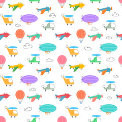 Air transport seamless pattern with airplanes helicopters and balloons for nursery decoration. Minimalist flat vector illustration in retro mid century modern style for aviation themed designs, kids b © cgterminal