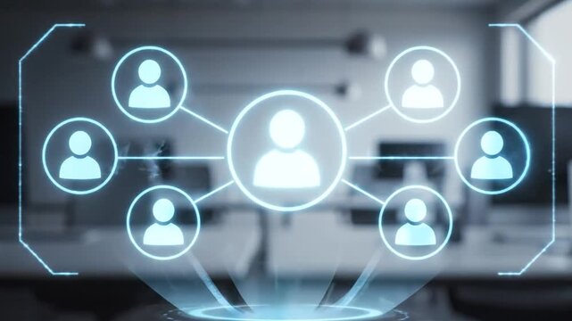 Artificial intelligence network connections visualized with people icons linked in a digital interface on a modern office background from a high viewpoint 