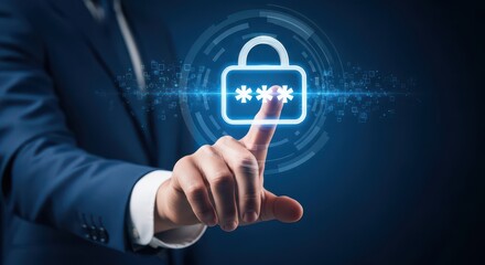 Fototapeta premium Businessman in blue suit interacting with virtual padlock and password icon on dark blue background with futuristic technology and cybersecurity concept