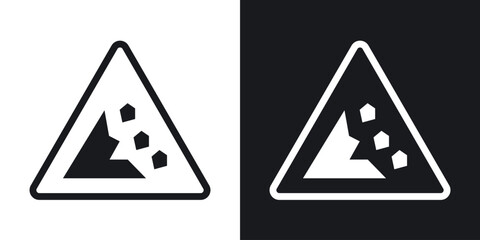 Falling rocks or debris warning road sign set in black and white stroke lines © chandi