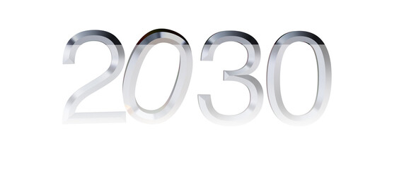 2030 year future concept with silver metallic futuristic font, modern and minimalist design on white background. Illust