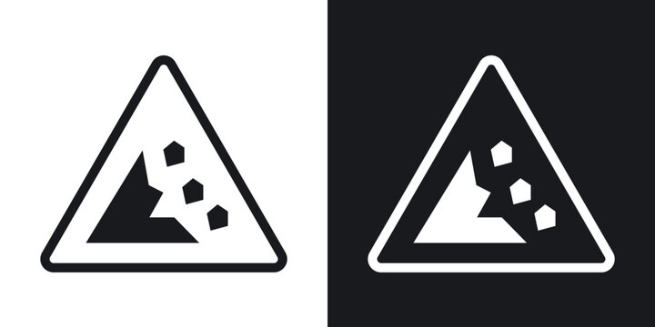 Falling rocks or debris warning road sign set in black and white stroke lines