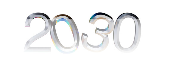 2030 futuristic design with silver reflective numbers on white background, future concept, time, years, modern, progres