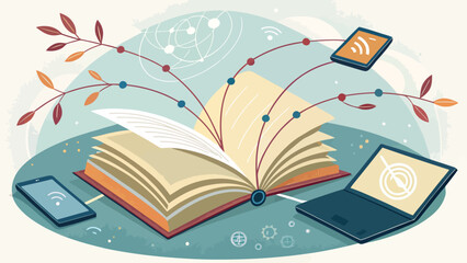 Knowledge sharing concept with open book laptop and mobile devices on a blue background with connections