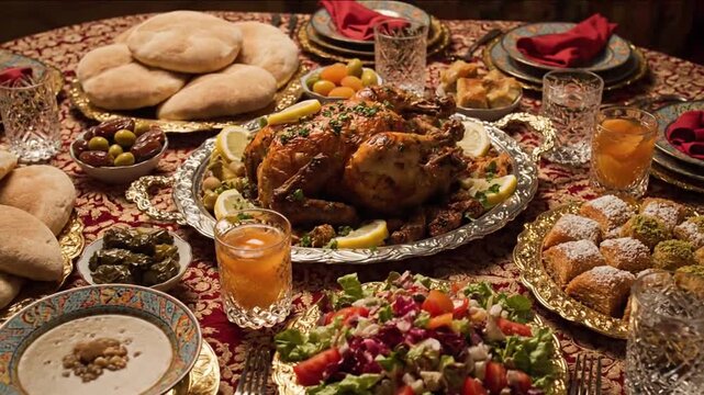 A sumptuous feast featuring roasted meat and assorted dishes on a decorative table viewed from above with elegant tableware and glasses