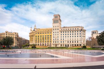 Fototapeta premium view of catalunya square in the city center of Barcelona, touristic landmark, european archtiecture and hotspot for tourism