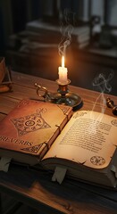 Ancient illuminated manuscript lies open beside a burning candle on a wooden surface