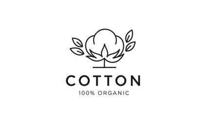 Minimalist brand identity logo for organic cotton products featuring a line art cotton plant icon with clean typography on white backdrop.