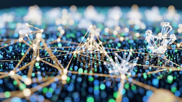 A network of interconnected nodes and lines forming geometric patterns on a background of shimmering blue and green lights