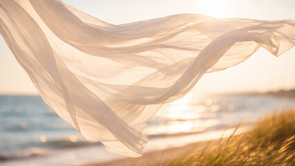 flowing fabric in summer breeze over seaside at sunset