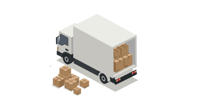 isometric delivery truck with open back and cardboard boxes hand drawn vector illustration for logistics and shipping
