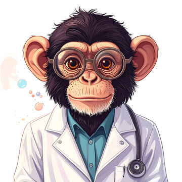 Cute monkey scientist wearing glasses and lab coat with stethoscope, whimsical medical cartoon with pastel accents