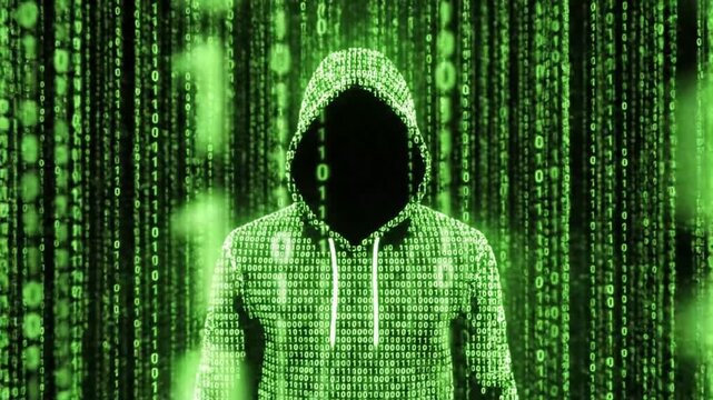 Mysterious hooded figure immersed in a cascading green binary code stream, representing the abstract world of cybersecurity, digital threats, and online hacking endeavors
