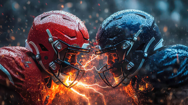 Two American football players wearing blue and red helmets collide head-to-head in the rain, with sparks and lightning highlighting an intense moment of power, rivalry, and competition