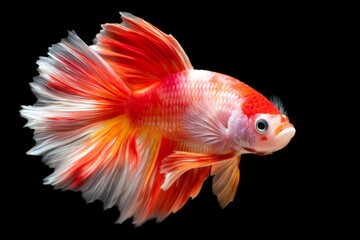 Fototapeta premium Majestic Betta Fish Captured Mid Swim with Fully Extended Fins on a Black Background