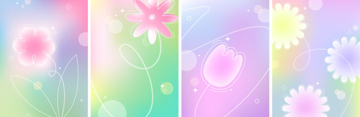 Obraz premium Blurred spring flowers cards set. Geometric, line art flowers. White, pink, blue, yellow, green, violet soft colors. Blur background. Design for card, invitation, cover, post. Place for text.